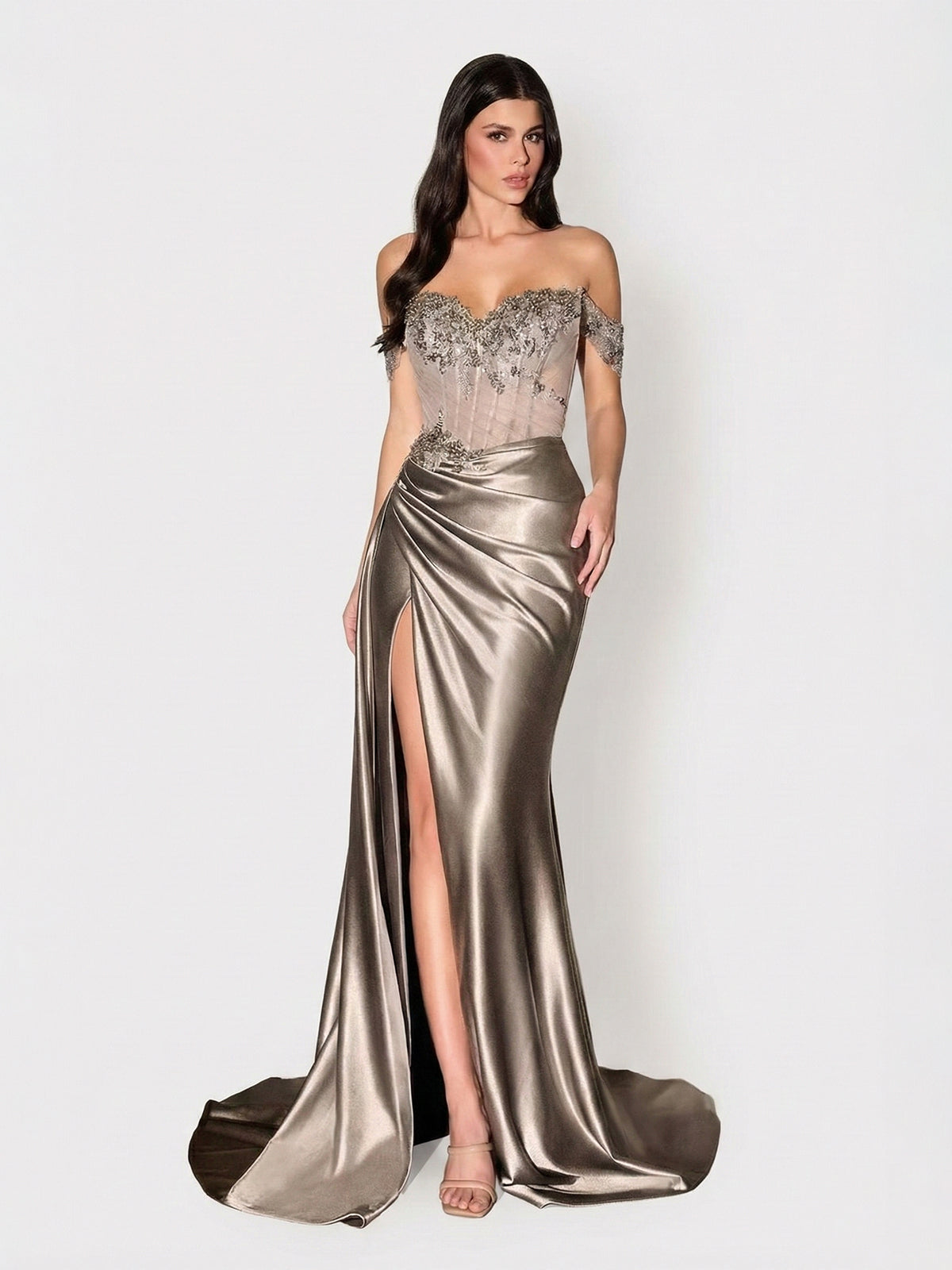 Off-Shoulder Beaded Corset Satin Gown High Slit Maxi Dress