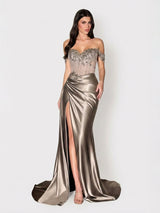 Off-Shoulder Beaded Corset Satin Gown High Slit Maxi Dress