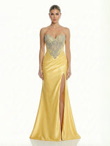 Strapless Crystal Beaded Corset Satin High Slit Gown Evening Dress