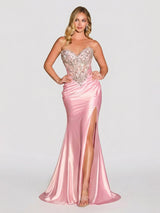 Strapless Crystal Beaded Corset Satin High Slit Gown Evening Dress
