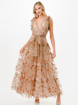 3D Floral Applique Tulle Tiered Maxi Dress