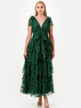 3D Floral Applique Tulle Tiered Maxi Dress