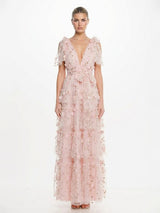 3D Floral Applique Tulle Tiered Maxi Dress