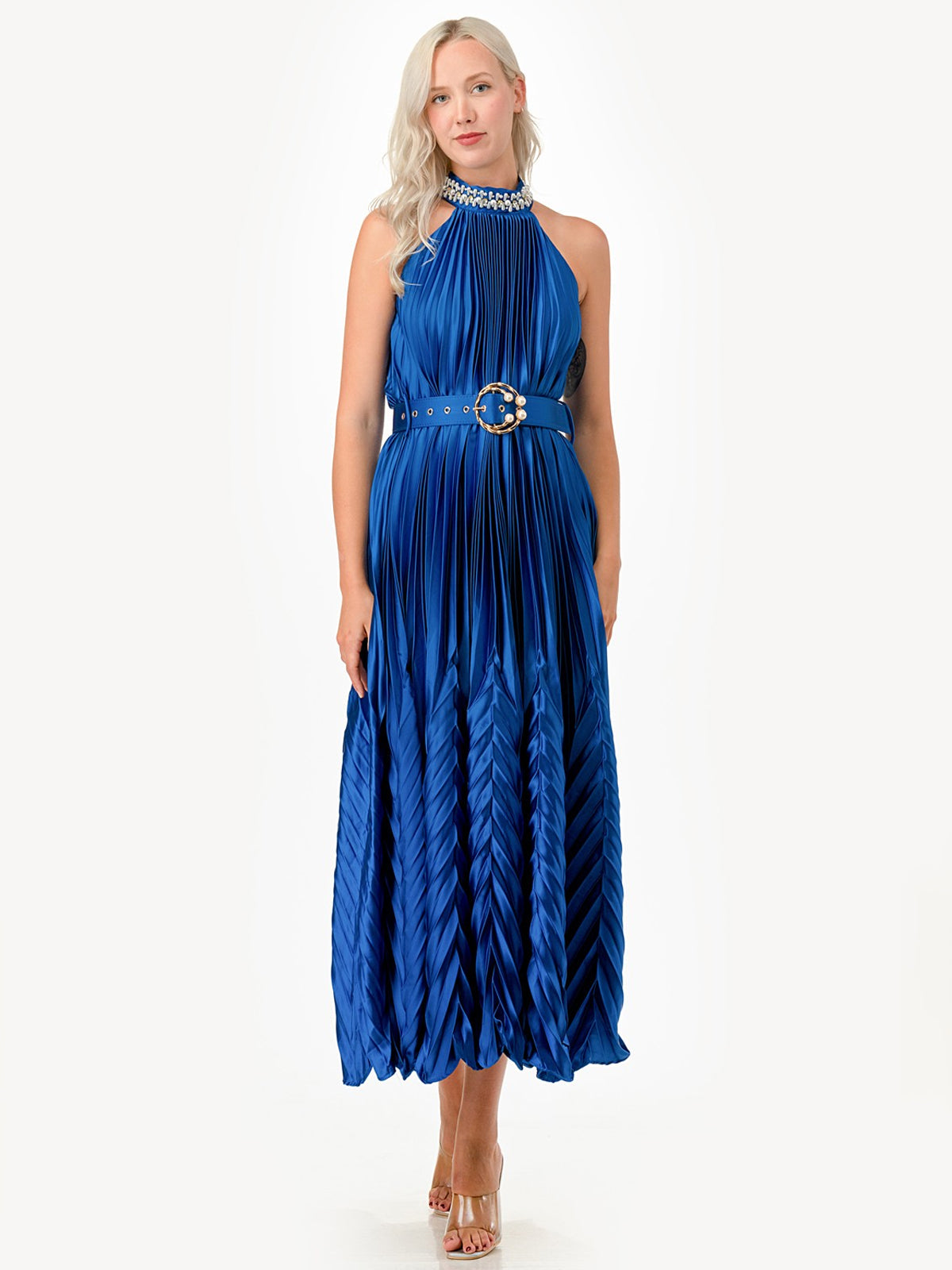 Pearl Collar Halter Neck Pleated Belted Satin Plisse Midi Dress