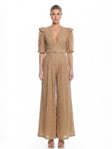V-Neck Puff Sleeve Lace Jumpsuit with Belt
