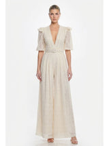 V-Neck Puff Sleeve Lace Jumpsuit with Belt
