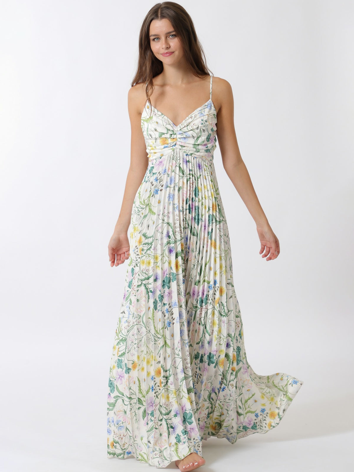 Pleated Wildflower Print Twist-Front Spaghetti Strap Maxi Dress
