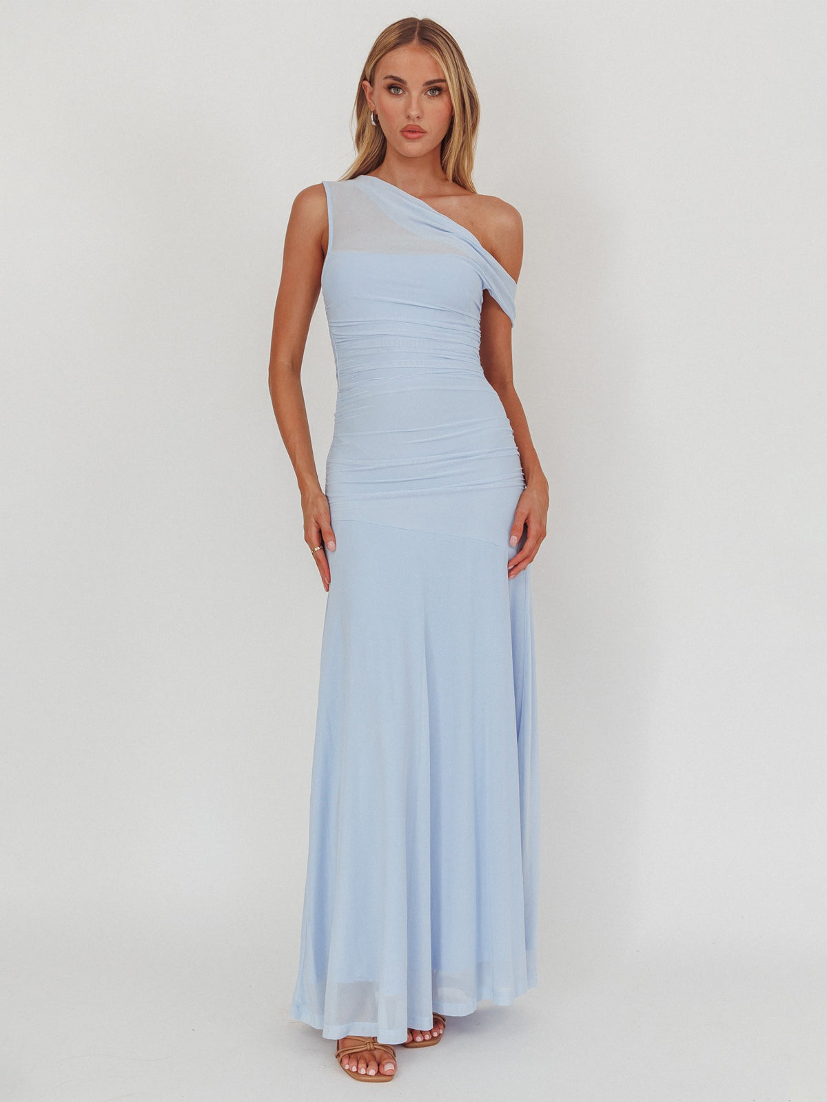 Asymmetric Ruched Mesh Sheer Illusion Maxi Dress