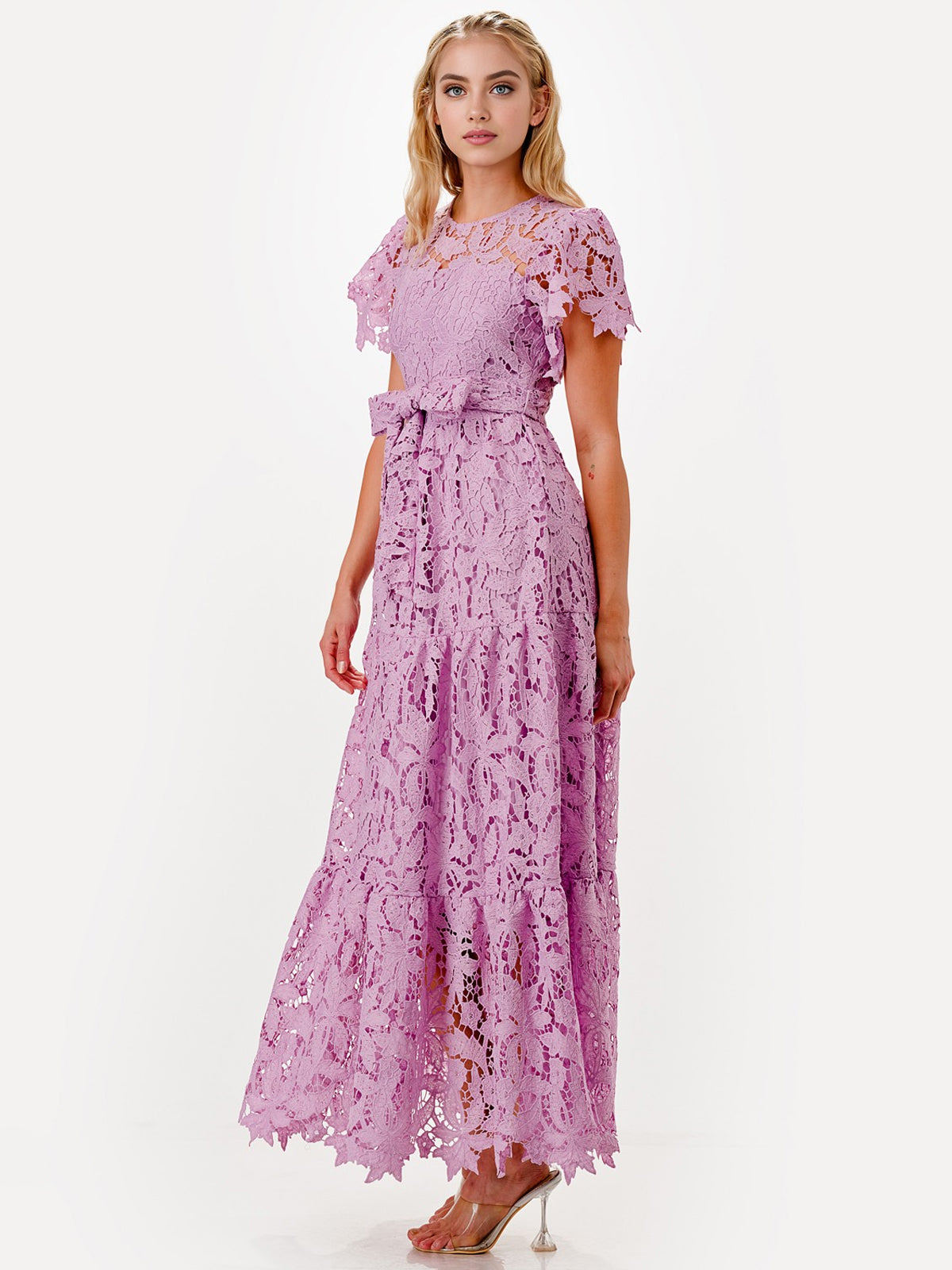 Floral Lace Flutter Sleeve Tiered Belted Boho Maxi Dress