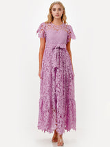 Floral Lace Flutter Sleeve Tiered Belted Boho Maxi Dress
