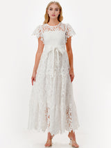 Floral Lace Flutter Sleeve Tiered Belted Boho Maxi Dress