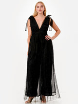 Pearl Studded Tulle Overlay Tie Shoulder Wide Leg Jumpsuit