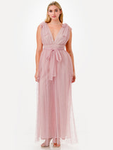 Pearl Studded Tulle Overlay Tie Shoulder Wide Leg Jumpsuit