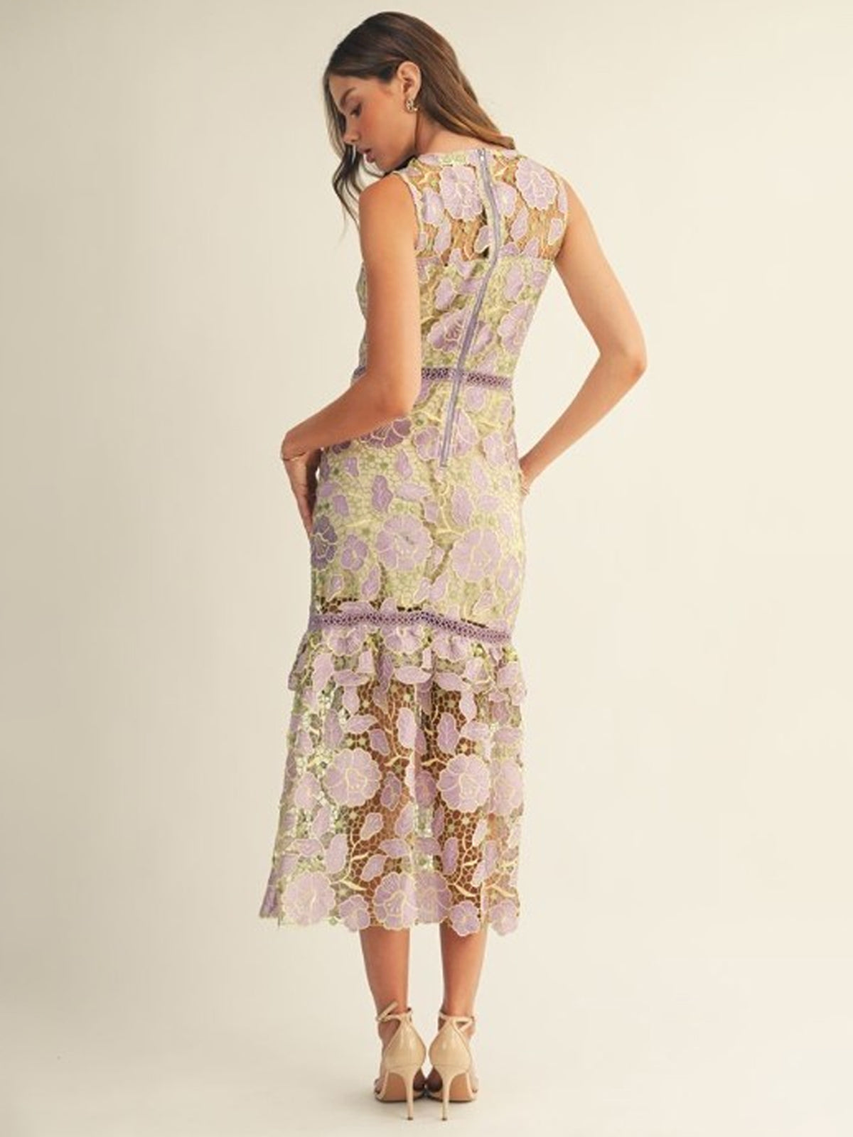 Floral Lace Sleeveless Tiered Ruffle Hem Midi Dress