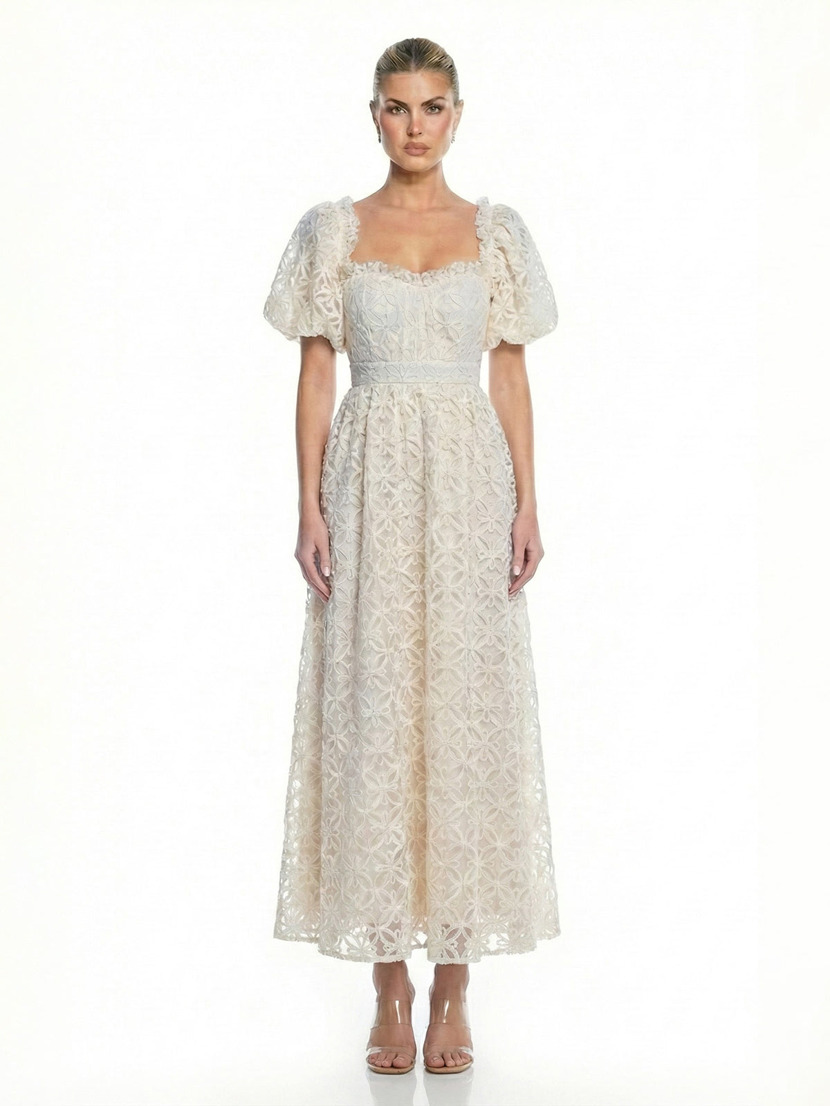 Floral Puff Sleeve Square Neck Tie Back Midi Dress