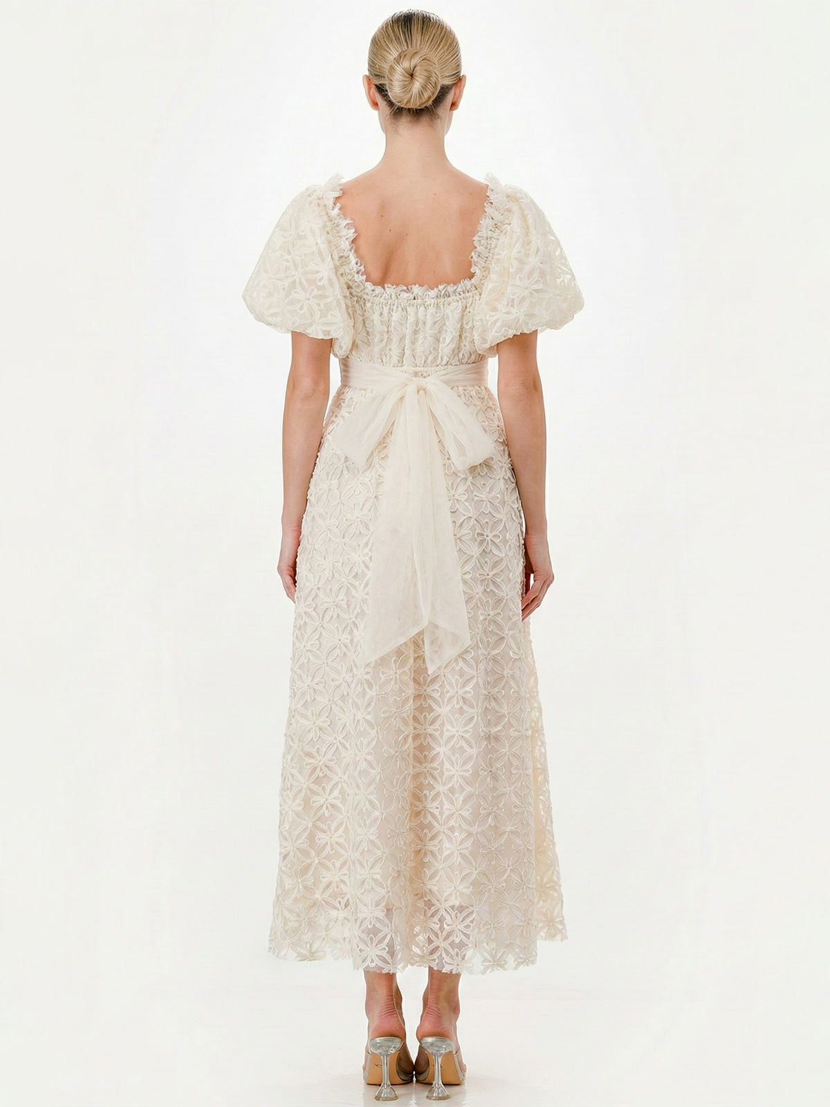 Floral Puff Sleeve Square Neck Tie Back Midi Dress