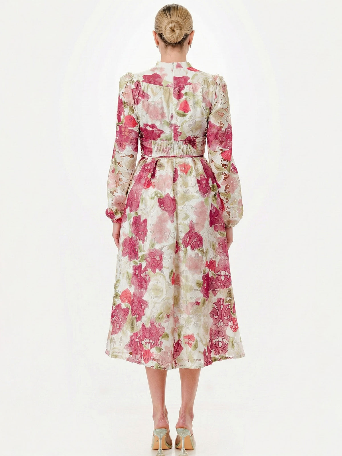 Floral Print Lace Long Sleeve V-Neck Tie Waist A-Line Midi Dress