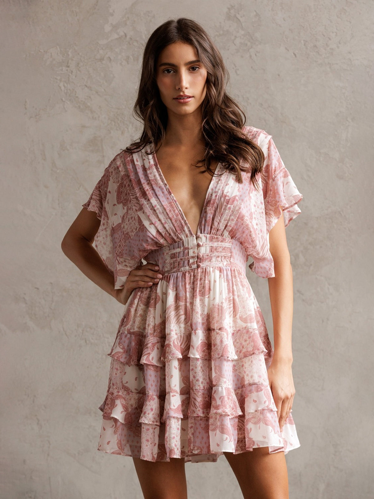 Paisley Print Deep V-Neck Tiered Flutter Sleeve Open Back  Mini Dress