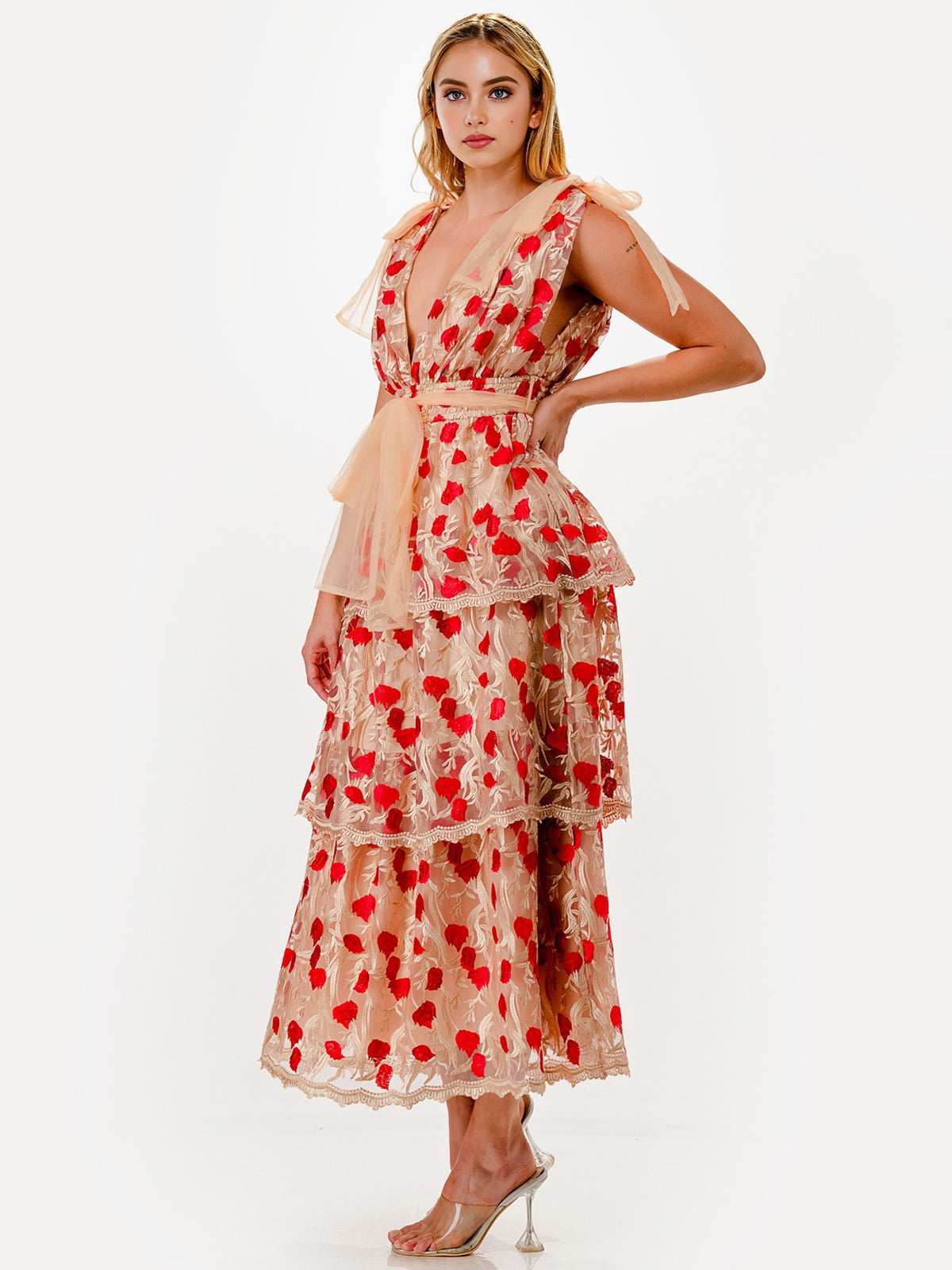 Floral Embroidered Tulle Tie Shoulder V-Neck Midi Dress