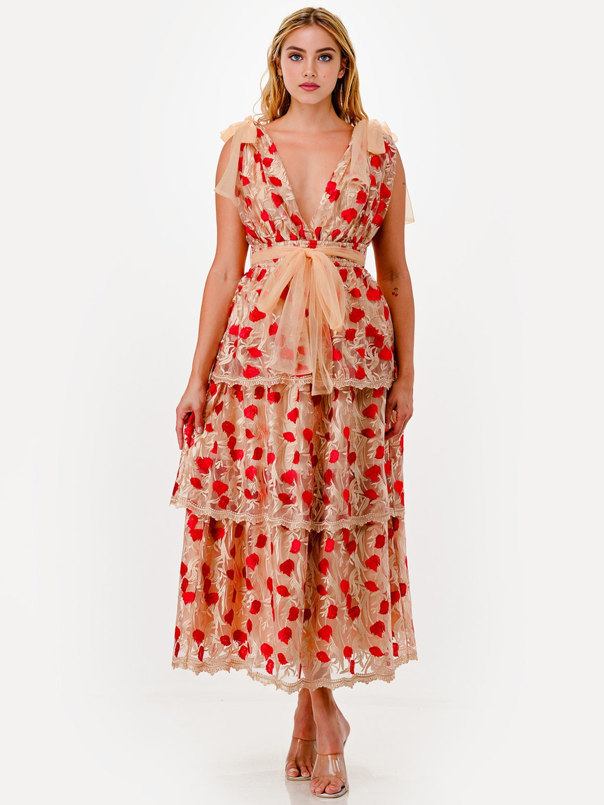 Floral Embroidered Tulle Tie Shoulder V-Neck Midi Dress