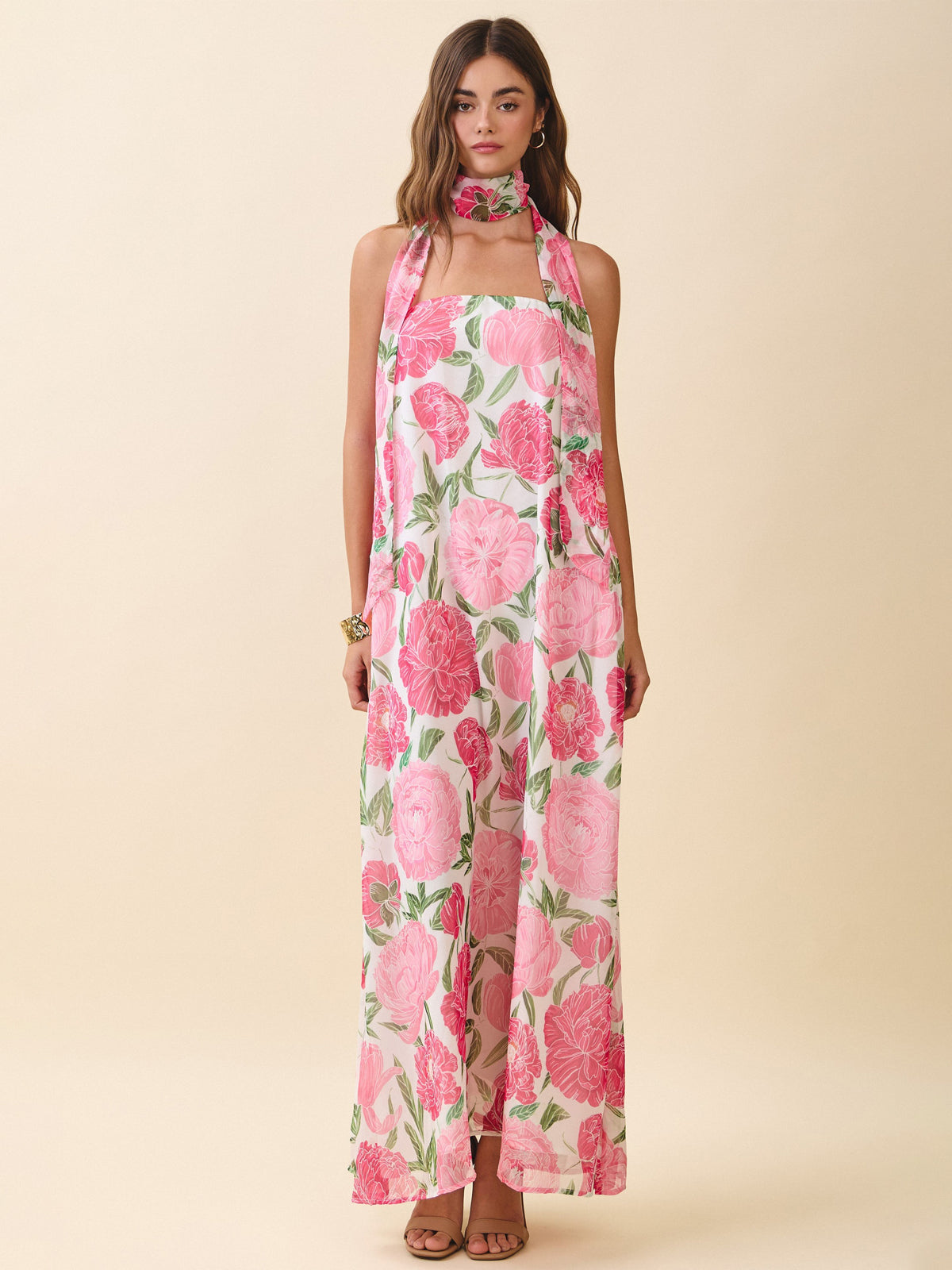 Pink Peony Print Strapless Maxi Dress with Matching Neck Scarf