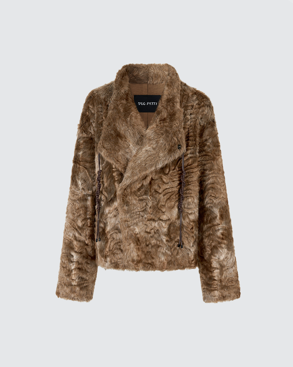 VIAPITTI Textured Faux Fur Jackets with Oversized Lapel