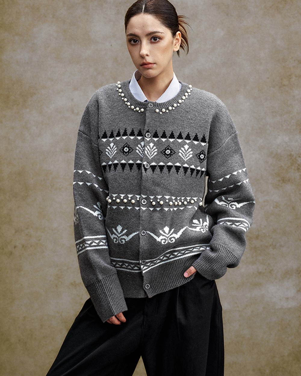 Vintage Pearl-Embellished Fair Isle Jacquard Knit Cardigan Sweater