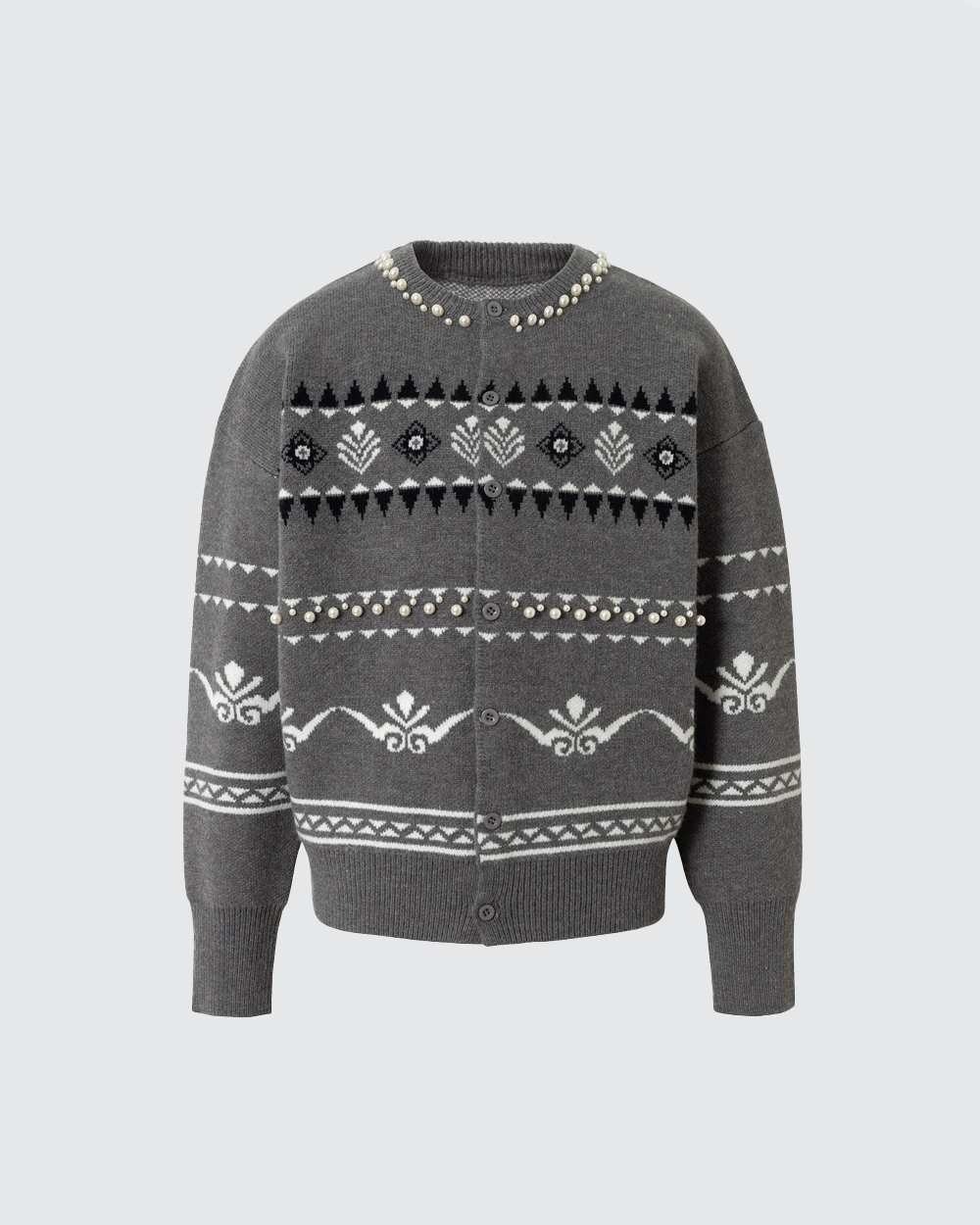Vintage Pearl-Embellished Fair Isle Jacquard Knit Cardigan Sweater