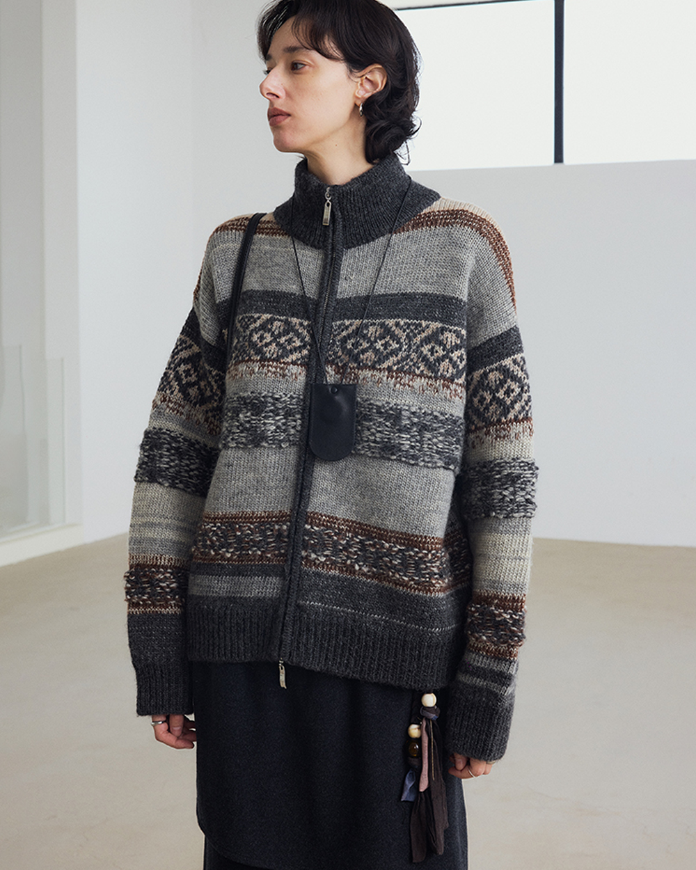 Fair Isle Geometric Jacquard High-Neck Double-Zip Knit Sweater Cardigan