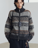 Fair Isle Geometric Jacquard High-Neck Double-Zip Knit Sweater Cardigan
