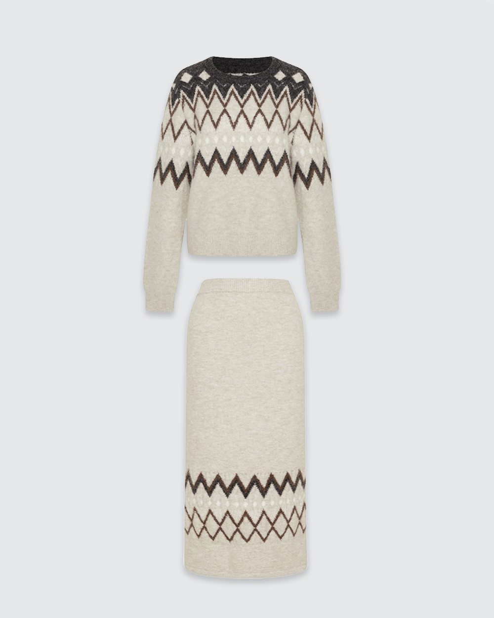 Fair Isle Round-Neck Sweater Side-Slit Skirt Set