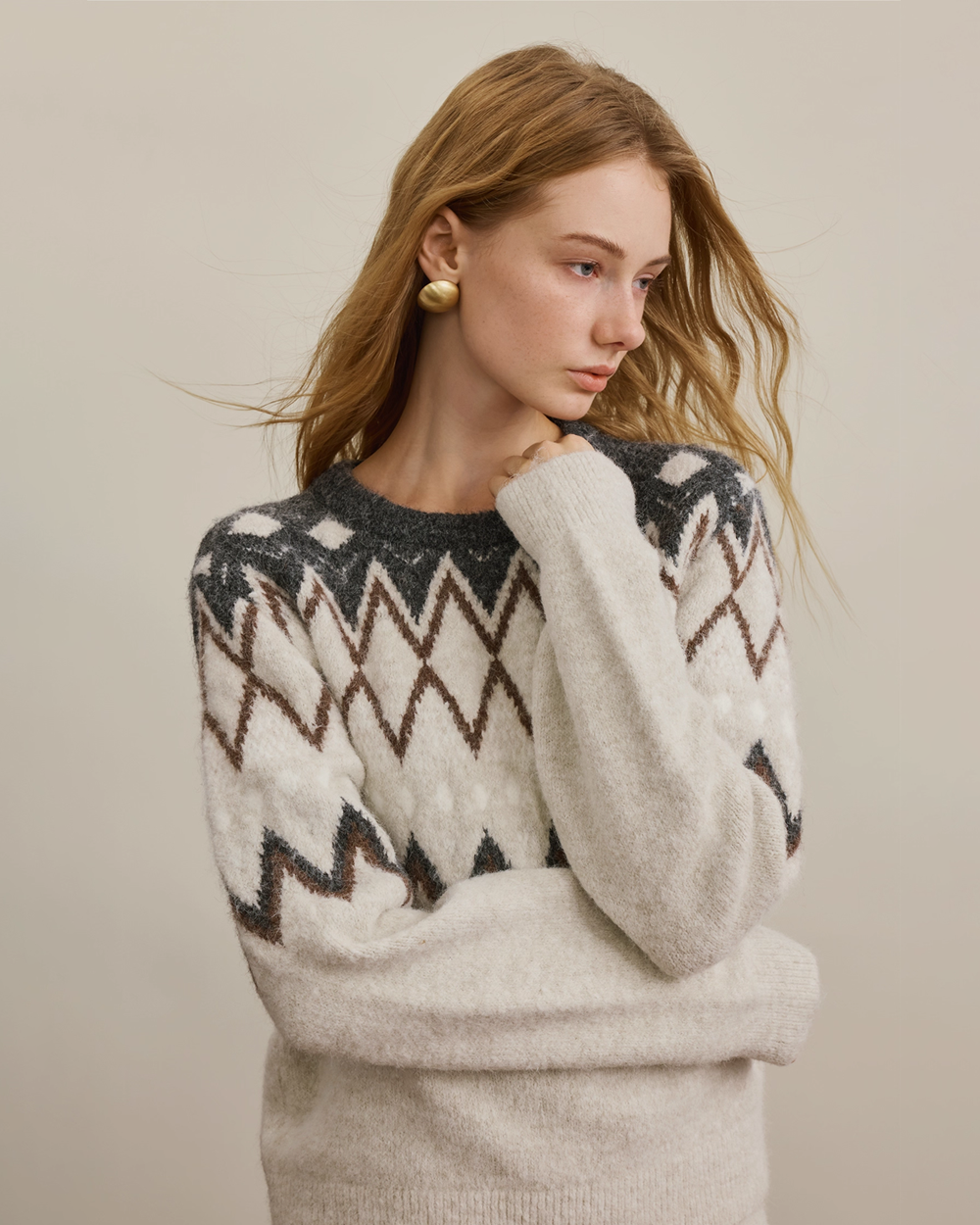 Fair Isle Round-Neck Sweater Side-Slit Skirt Set