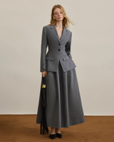 Gray Belted Blazer Pleated Skirt Set