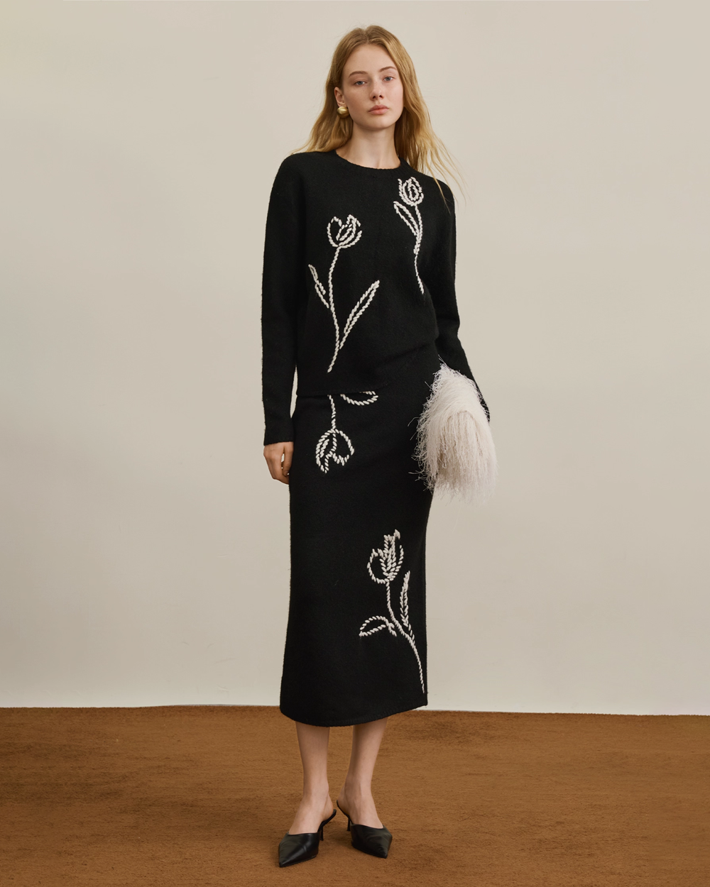 Tulip Knit Wool High Waist Skirt Set