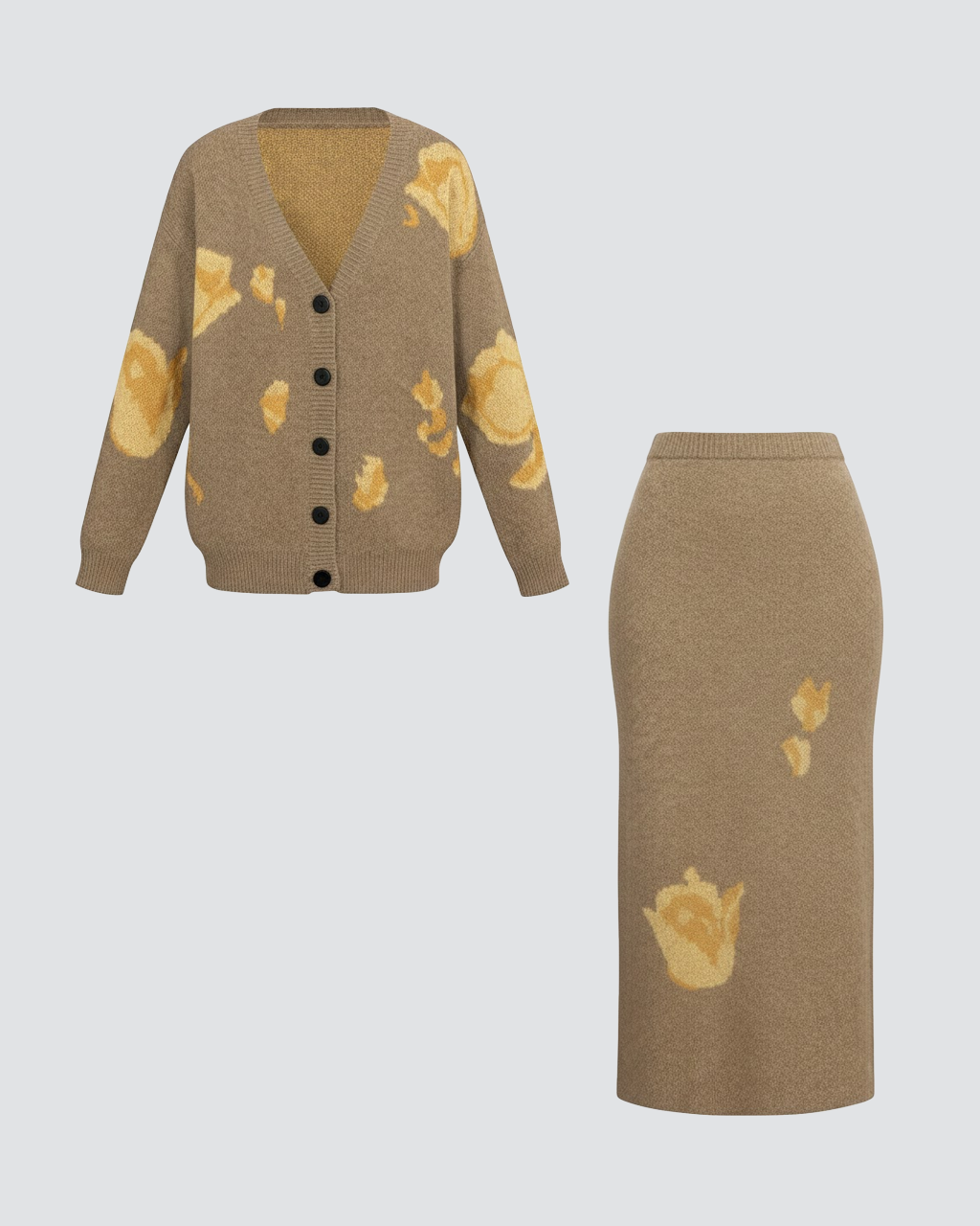 Tulip V Neck Loose Knit Cardigan High Waist Skirt Set