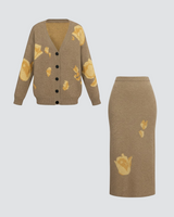 Tulip V Neck Loose Knit Cardigan High Waist Skirt Set