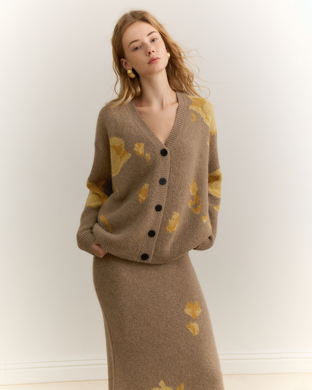 Tulip V Neck Loose Knit Cardigan High Waist Skirt Set