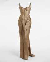 Pleated Gold Foil Tie Side Slit Gown Casual Party Maxi Dress