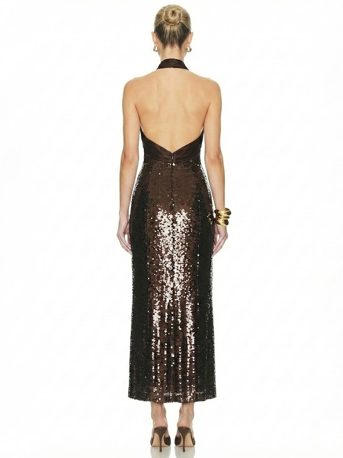 Criss-Cross Halter Sequin Shimmering Backless Evening Maxi Dress