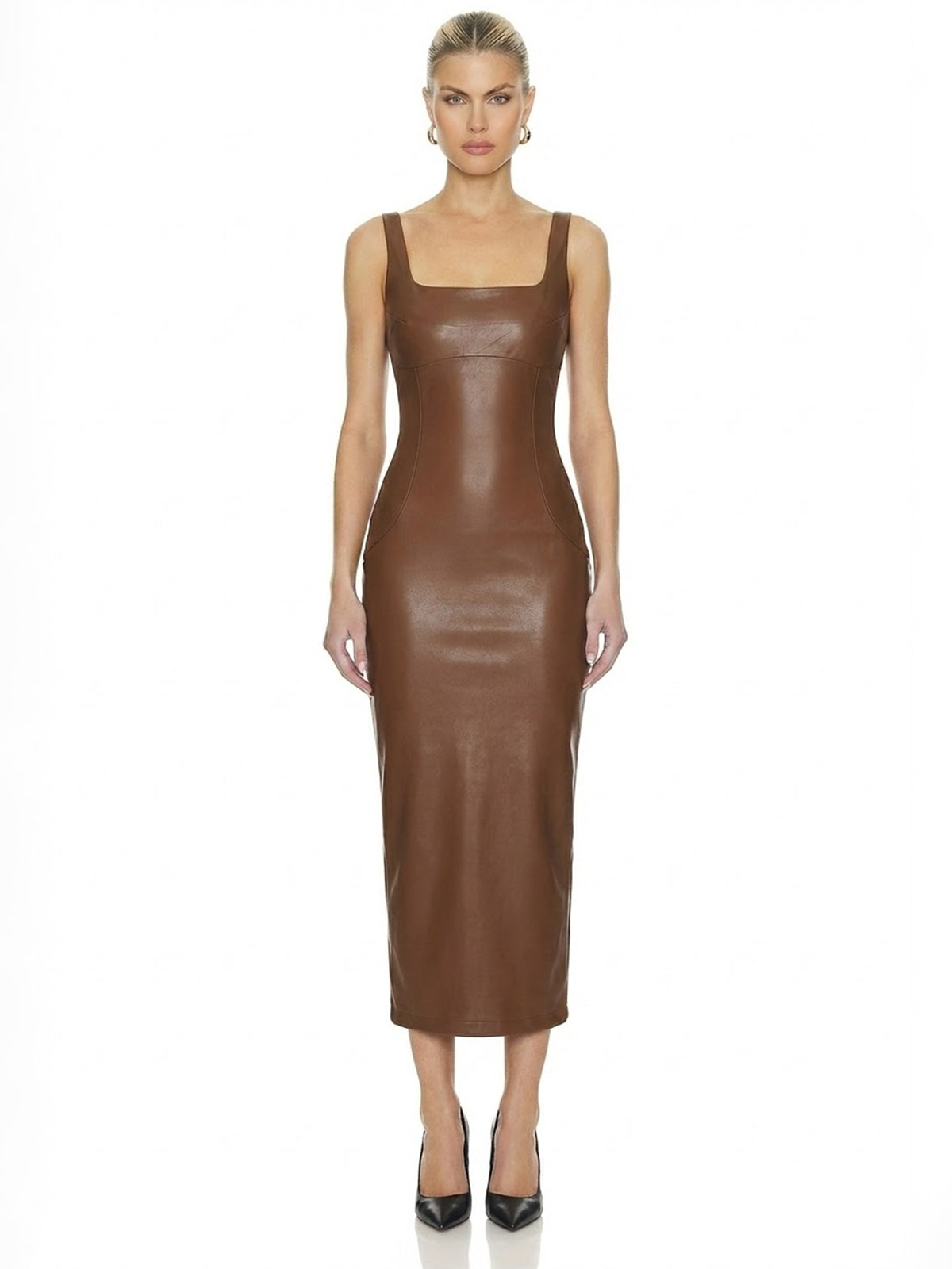 Square Neck Faux Leather Sheath Bodycon Midi Dress