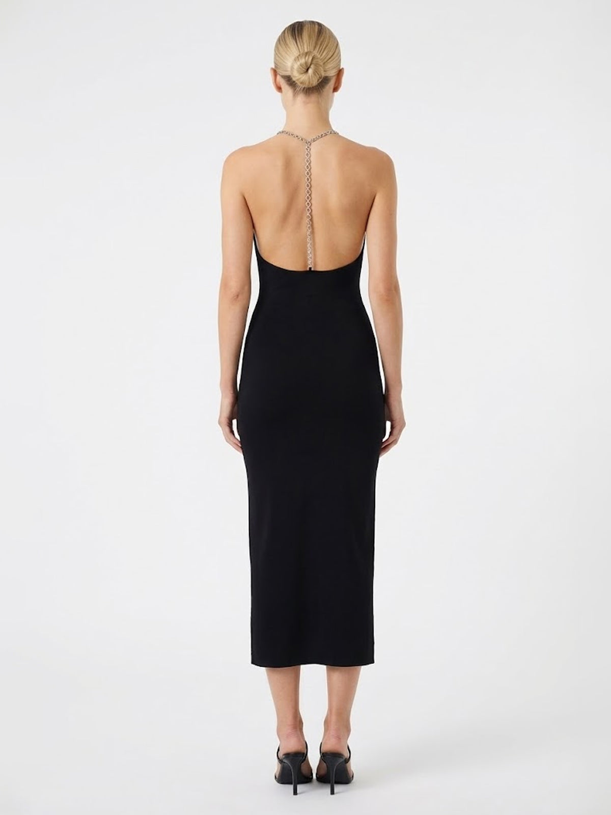 Ribbed Knit Halter Midi Dress | Metal Chain Open Back Silhouette