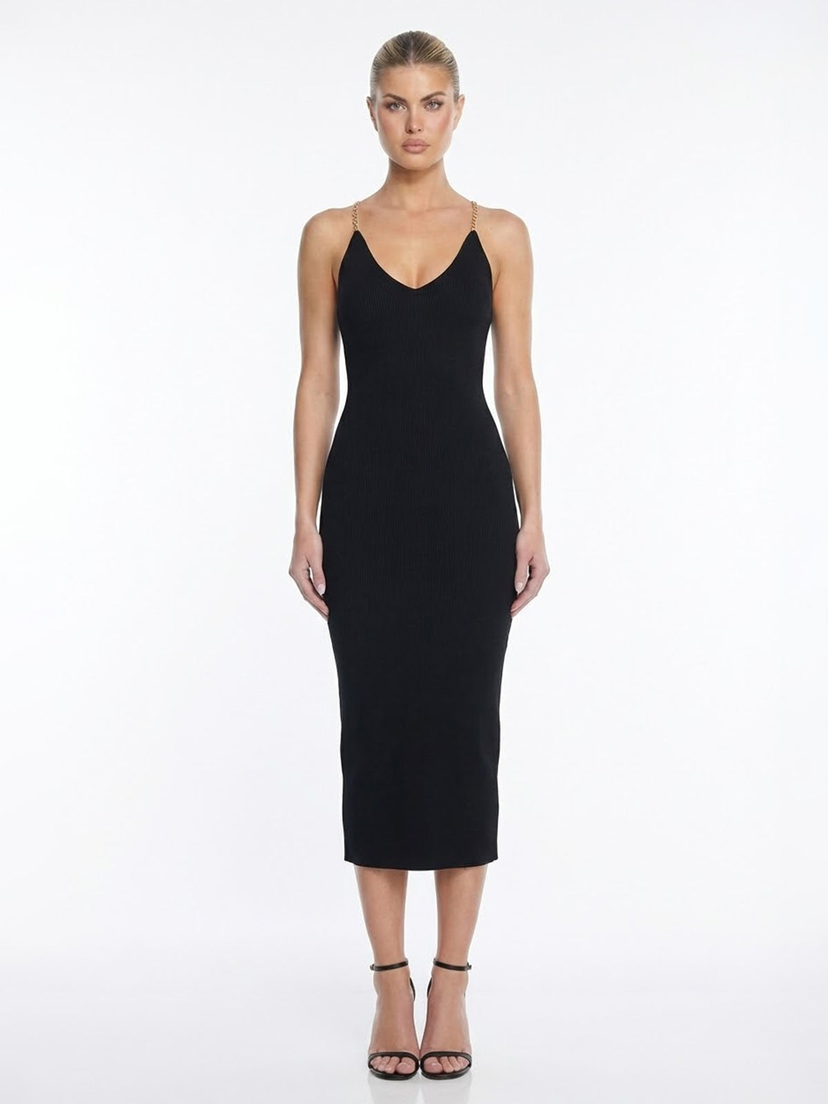 Ribbed Knit Halter Midi Dress | Metal Chain Open Back Silhouette