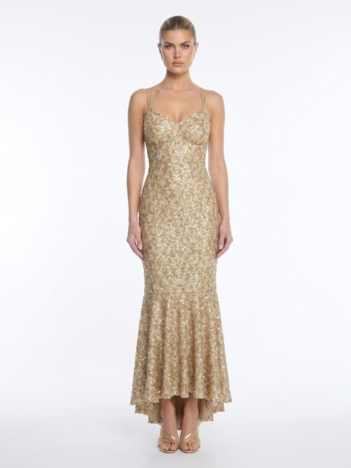 All-over Sequin Cross-Back Silhouette | V-Neck Tie-Back Trumpet