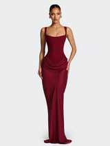 Structured Corset Bodice Lace-Up Back Draped Maxi Dress