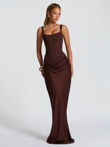 Structured Corset Bodice Lace-Up Back Draped Maxi Dress