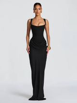 Structured Corset Bodice Lace-Up Back Draped Maxi Dress