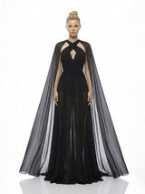 Keyhole Halter Chiffon Silhouette Flowing Cape Maxi Dress