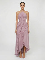 Pleated Ruffle Halter Asymmetrical Tiered Dress