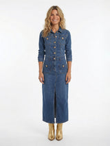 Slit-Front Denim Midi Dress