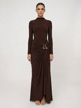 Ruched Metallic Buckle Maxi Dress